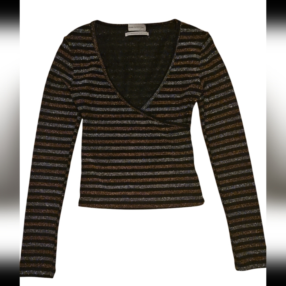 Urban Outfitters Black Metallic Glittery Striped Faux Wrap Long Sleeve Top Sz S